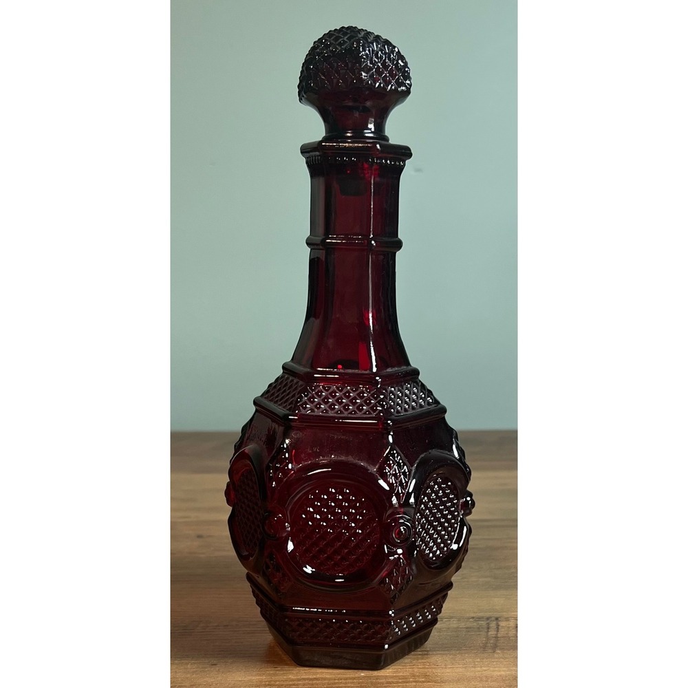 Avon 1876 Cape Cod Collection Ruby Red Glass Wine Decanter with Stopper 9.5 inch